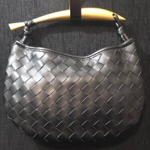 Tiffany and Fred Black Woven Leather with Gold Tone Handle Handbag